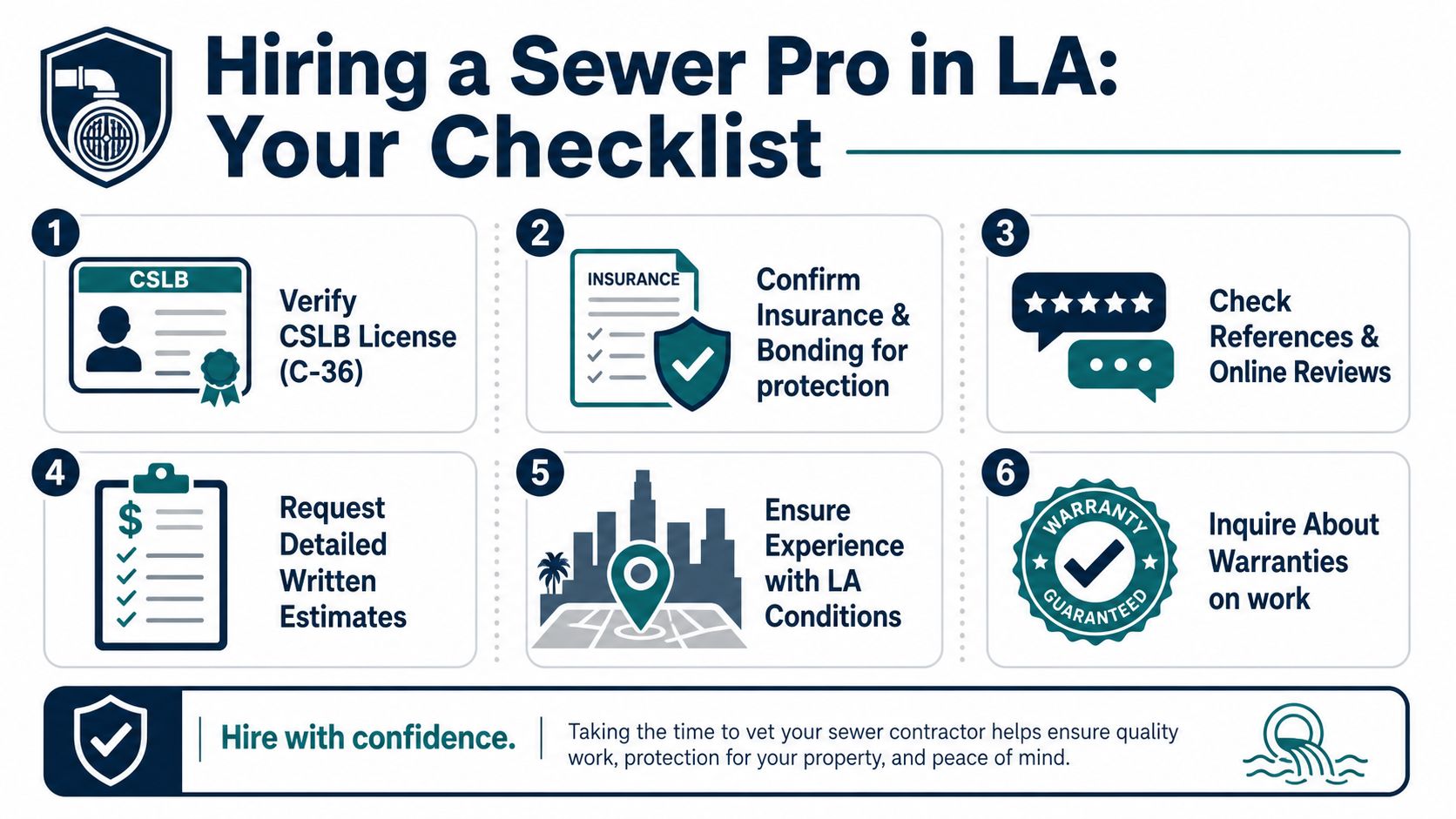 A professional infographic checklist outlining six essential steps for hiring a qualified sewer contractor in Los Angeles.