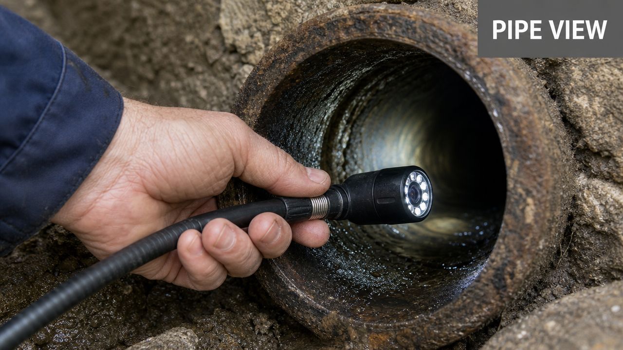 A professional technician inspects a dark, damaged sewer pipe using a specialized flexible plumbing camera tool.