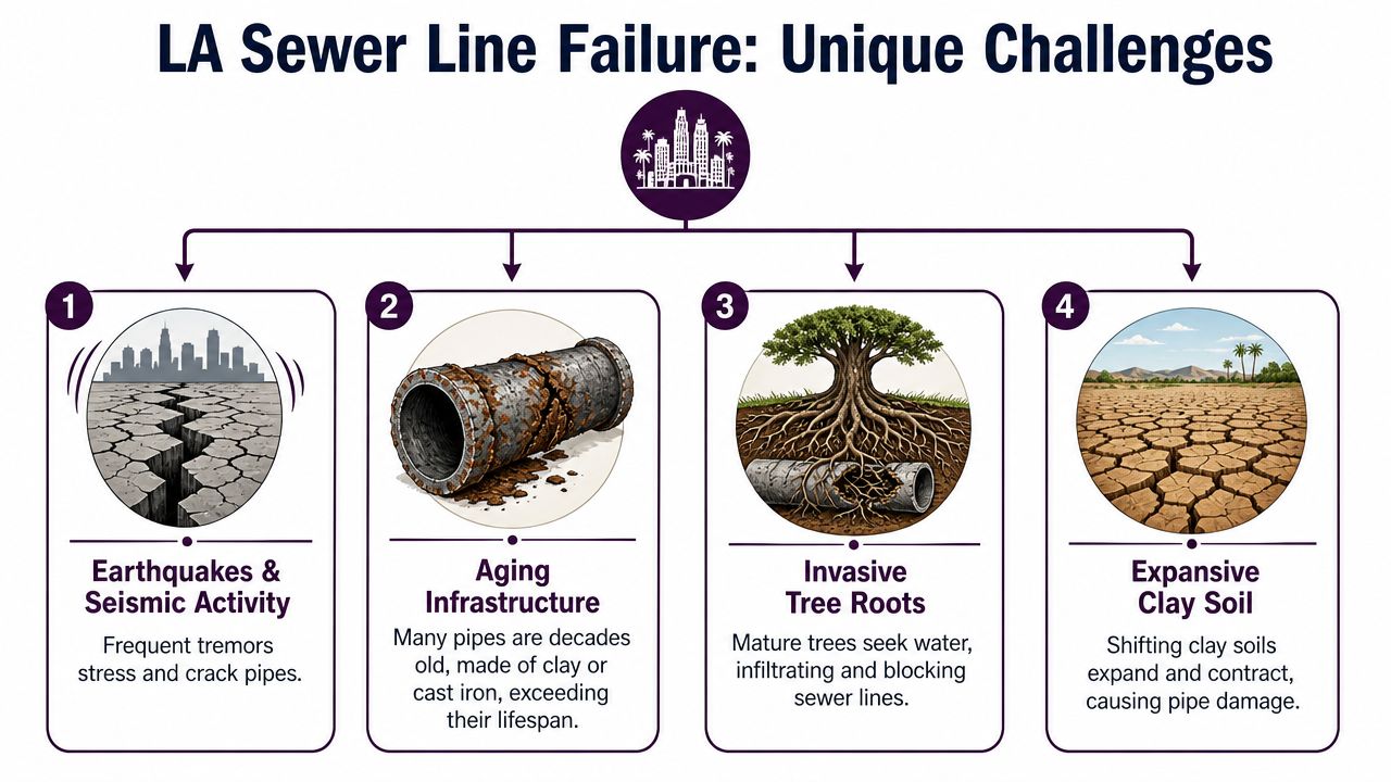 An infographic showing four common causes for sewer line failure in Los Angeles including seismic activity and tree roots.