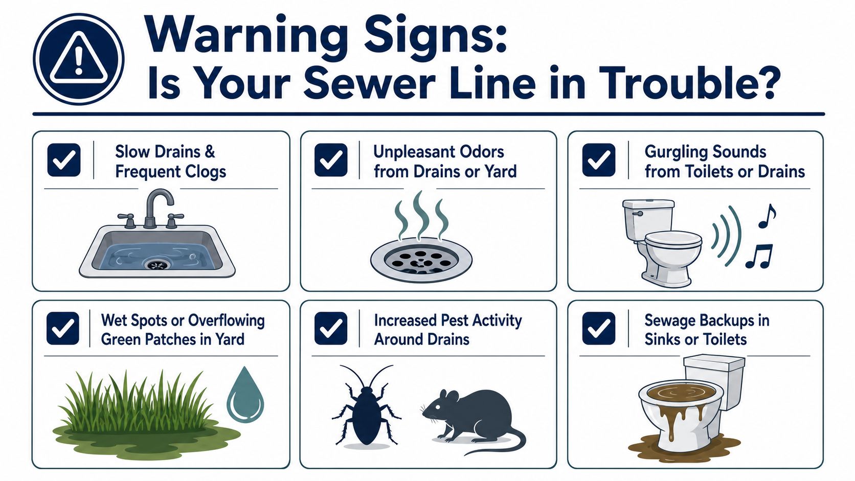 An infographic showing six common warning signs that your residential sewer line may need professional repair.