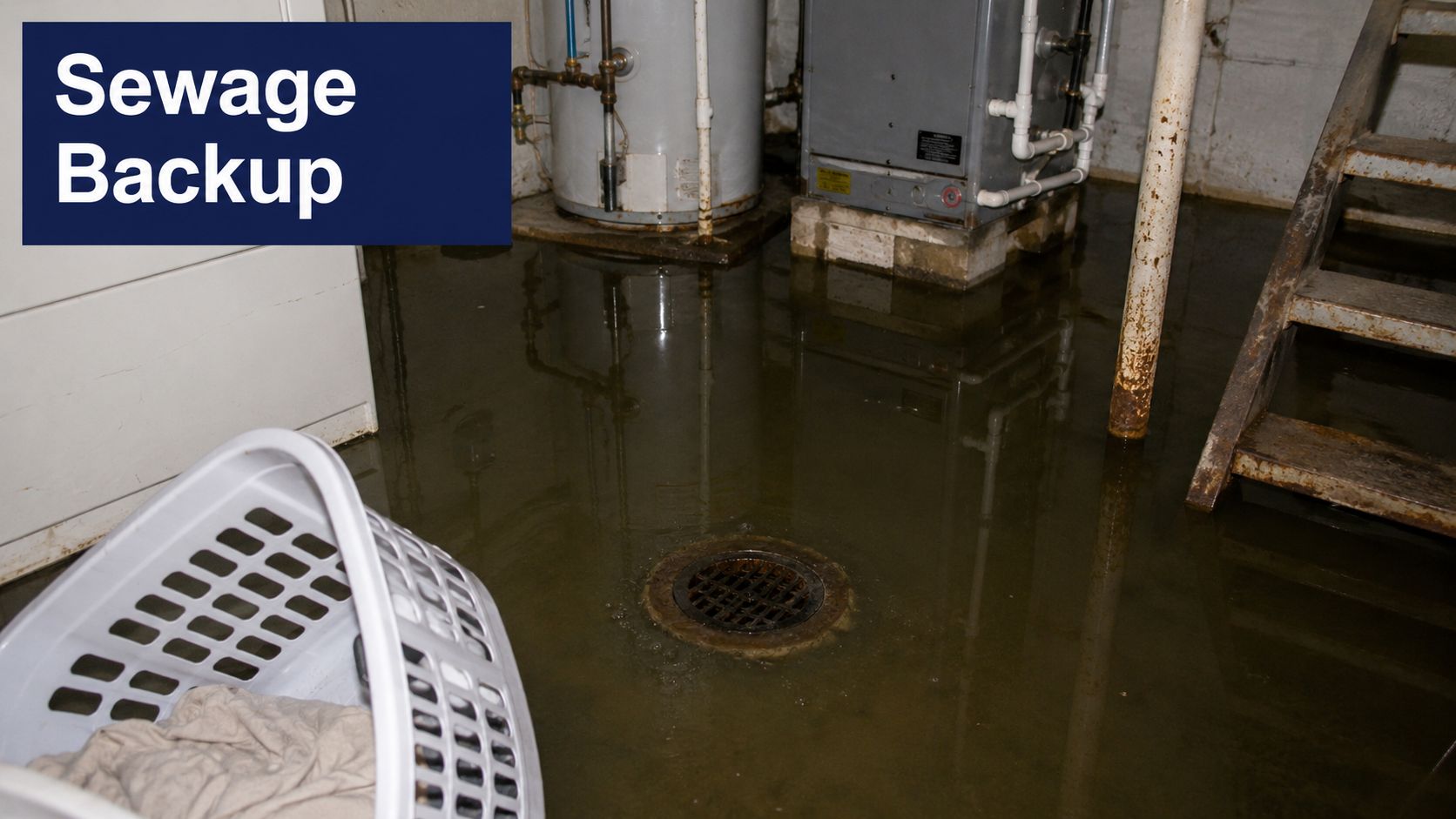 A flooded basement floor showing water rising around a central drain due to a sewage backup.
