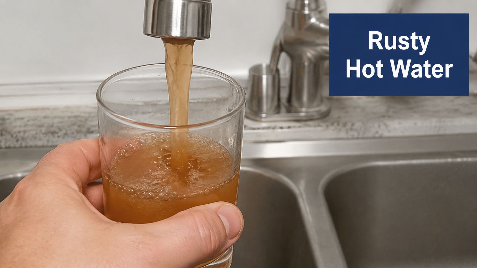 A hand holding a clear glass being filled with brown, rusty-looking hot water from a kitchen faucet.