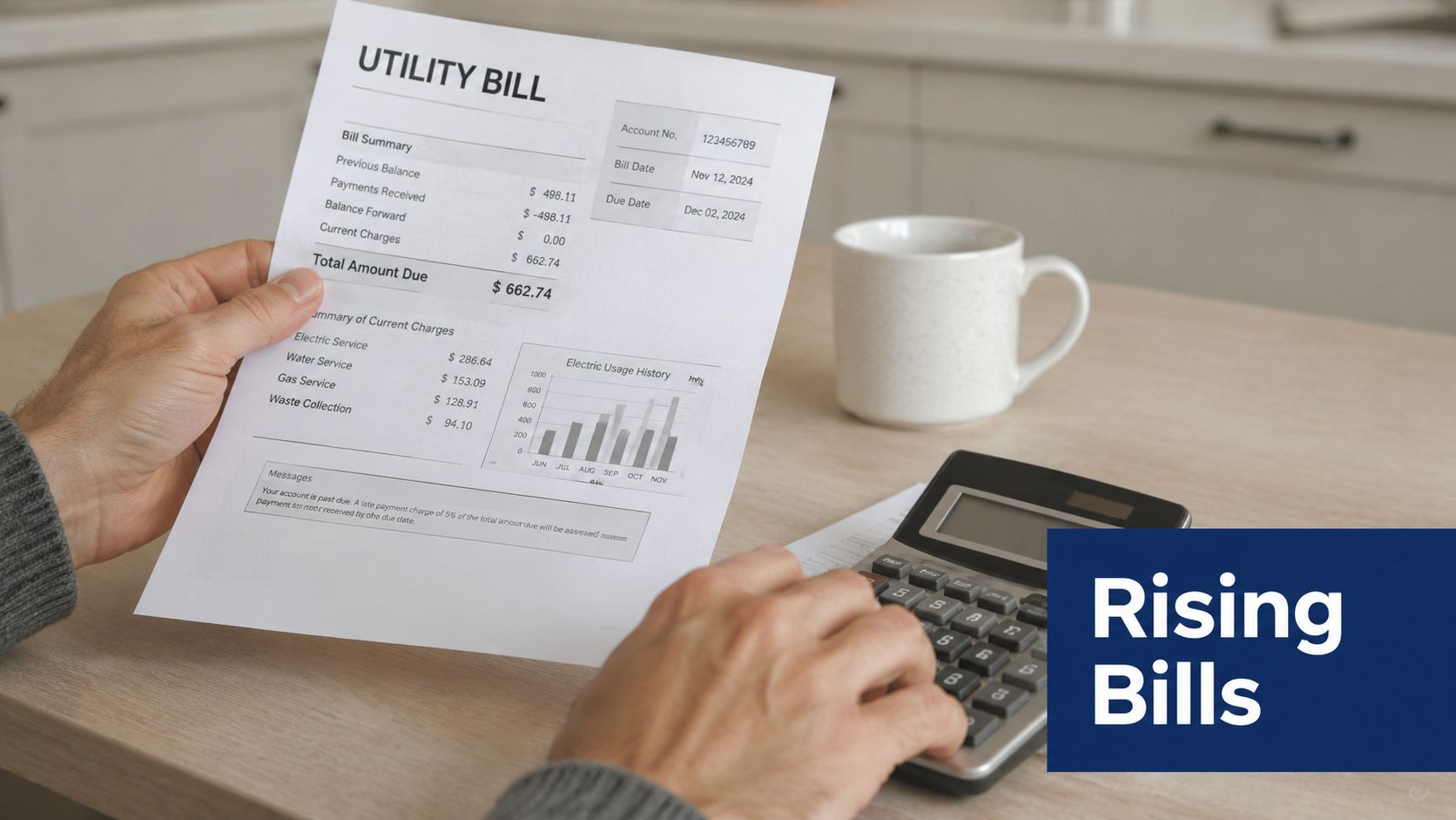 A person reviewing a utility bill while using a calculator at a wooden table in a kitchen.