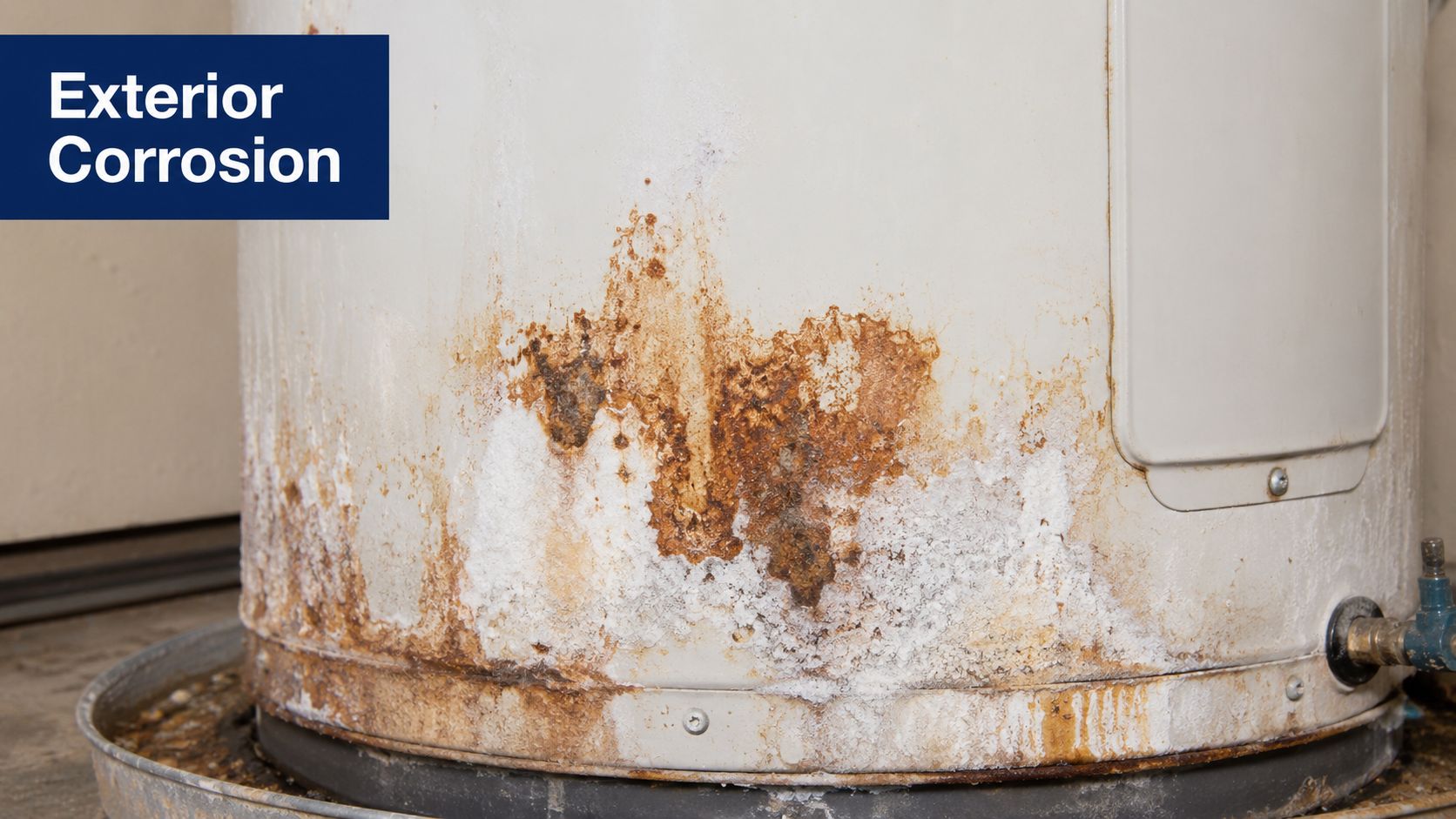 A corroded water heater showing significant rust and mineral buildup at the base of the tank.