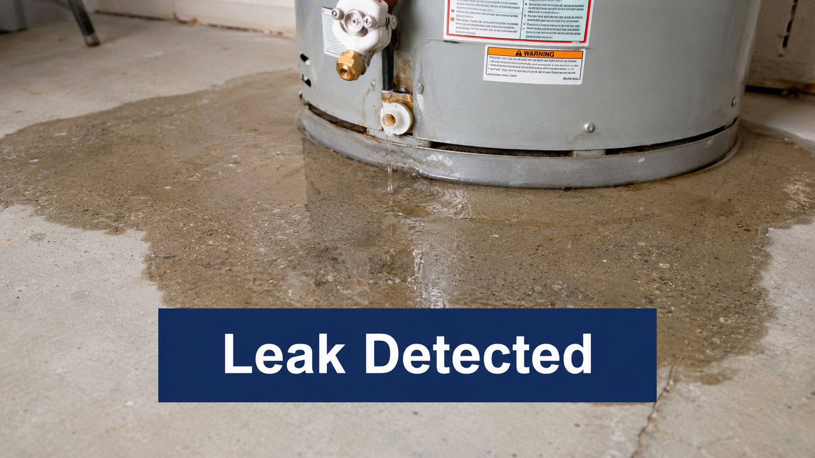 A leaking residential water heater causing a puddle of water to form on the basement concrete floor.