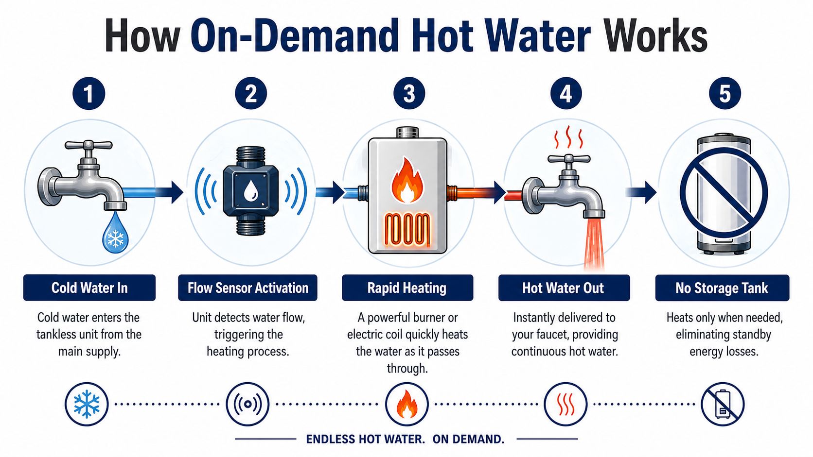 A five-step diagram explaining how a tankless water heater works by heating water on demand.