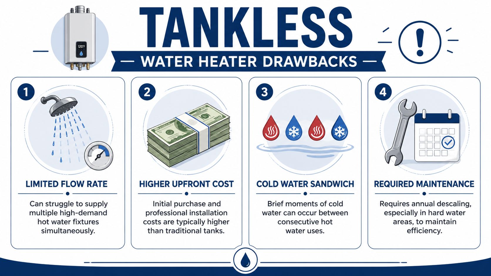 An infographic detailing four main drawbacks of tankless water heaters: limited flow, cost, cold sandwiching, and maintenance.