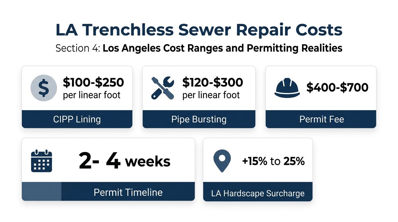 A graphic showing cost ranges and permit timelines for trenchless sewer repair services in Los Angeles.