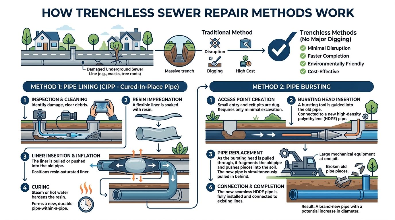 An infographic illustrating how trenchless sewer repair methods like pipe lining and pipe bursting work effectively.