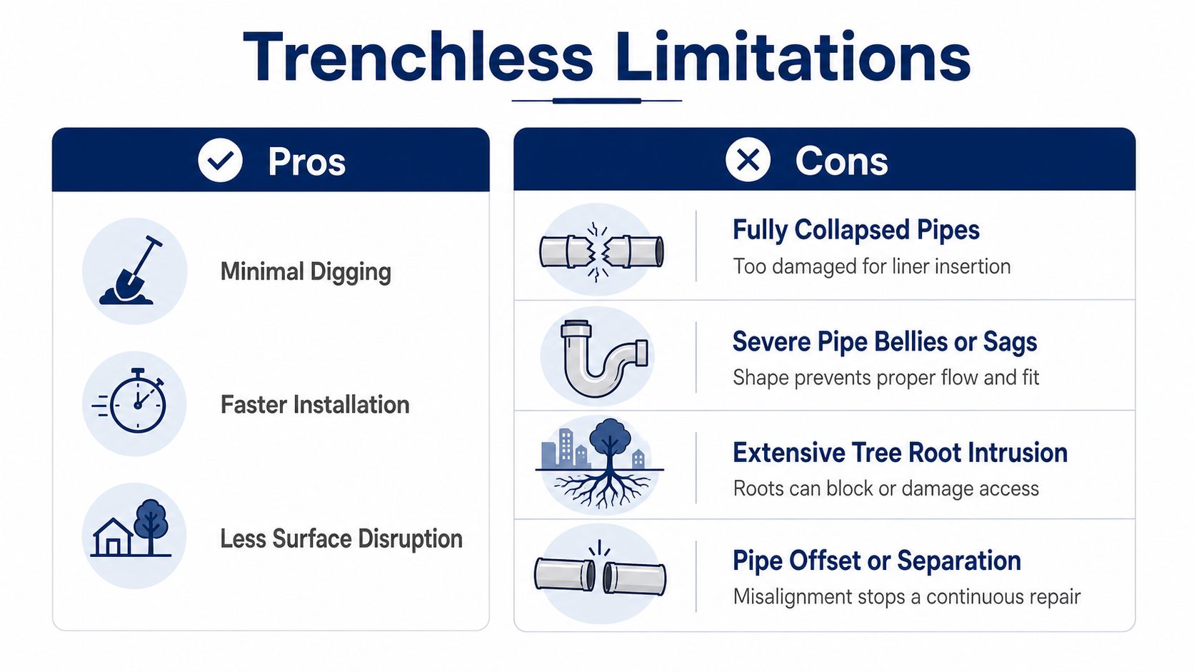 A comparison chart showing the pros and cons of trenchless sewer repair methods for home owners.