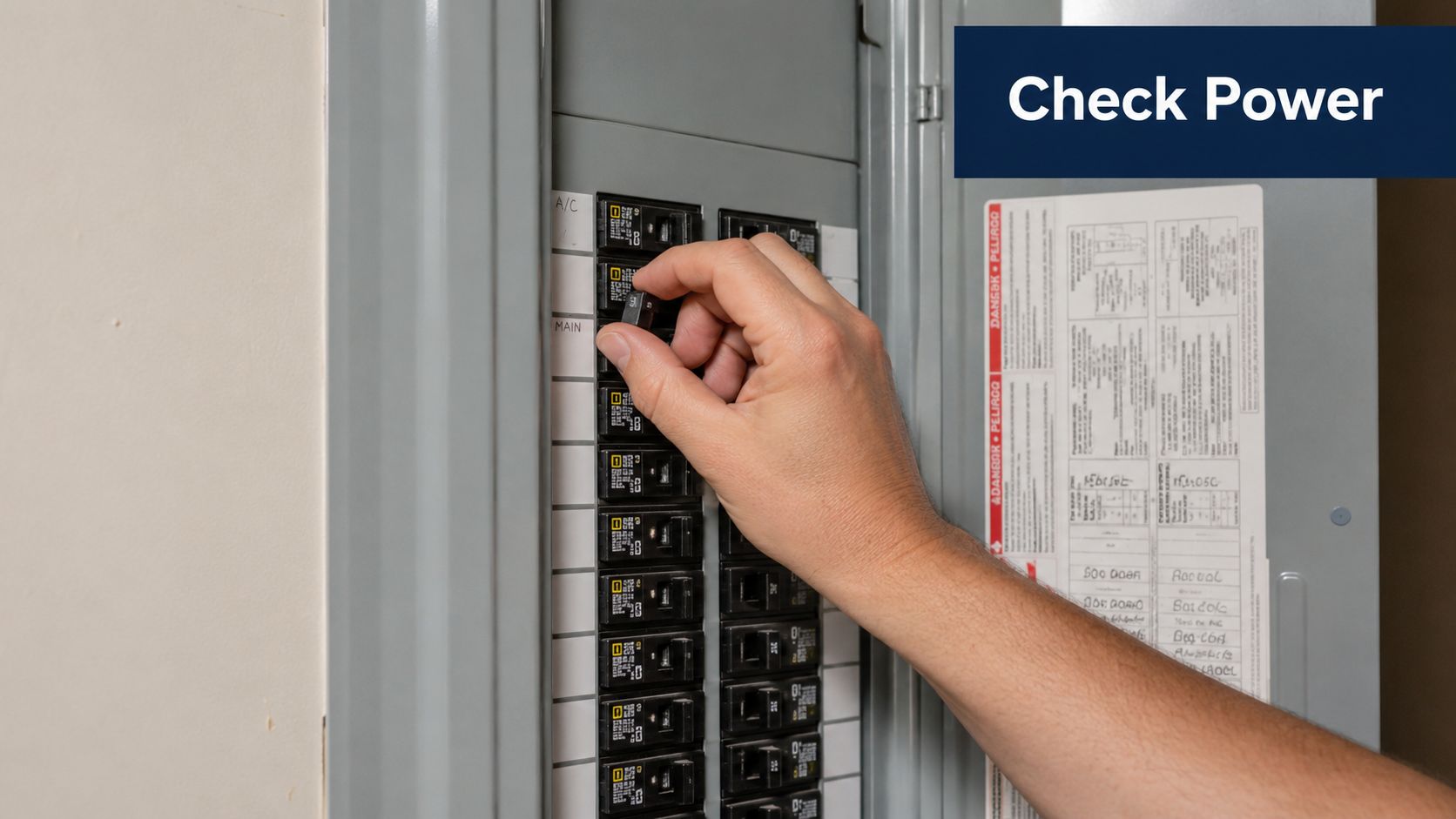 A close-up view of a person hand switching a circuit breaker in an electrical distribution panel board.
