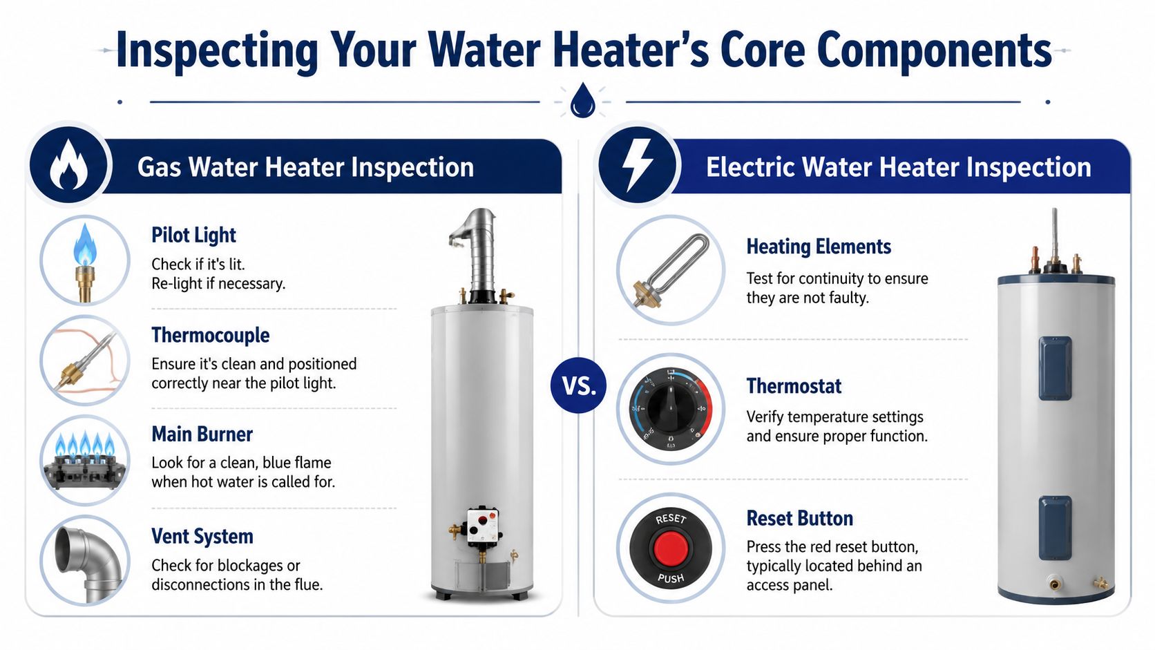 A comparison guide showing core components for inspecting gas and electric water heater systems.