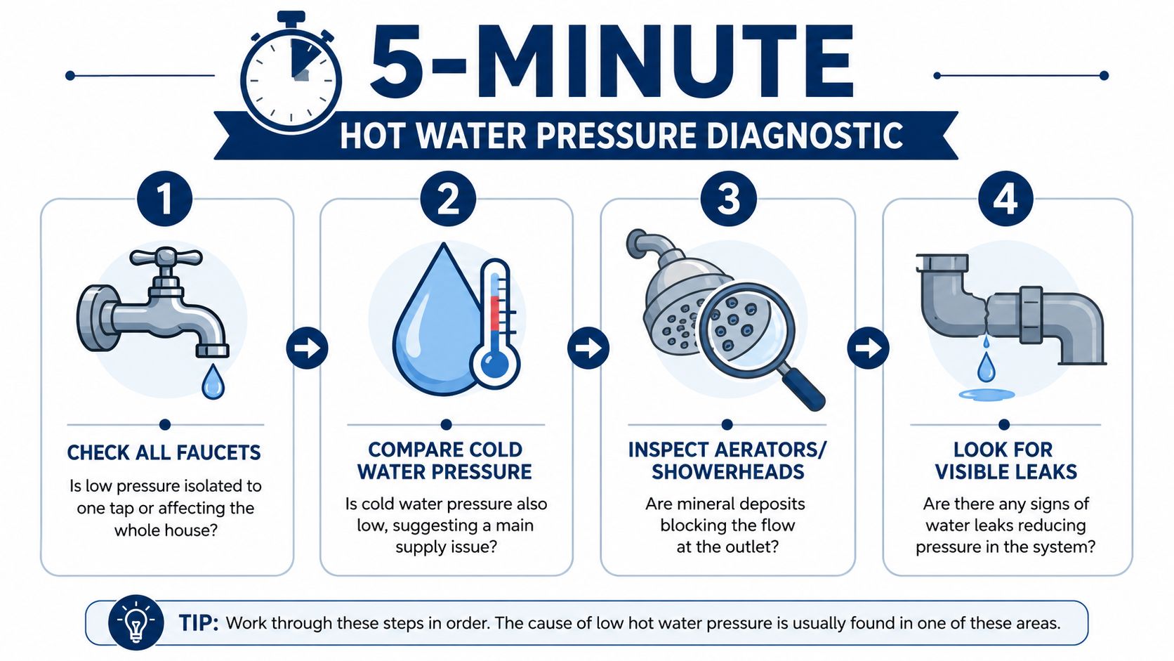 An infographic showing four steps to diagnose low hot water pressure problems in a residential plumbing system.