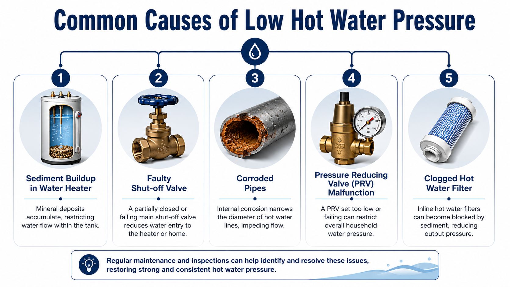 An infographic detailing five common causes of low hot water pressure in residential plumbing systems.