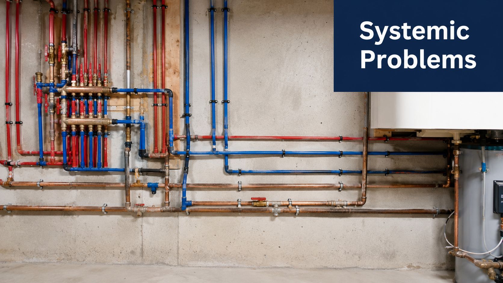 A basement wall with complex red, blue, and copper pipes connected to a residential water heater system.