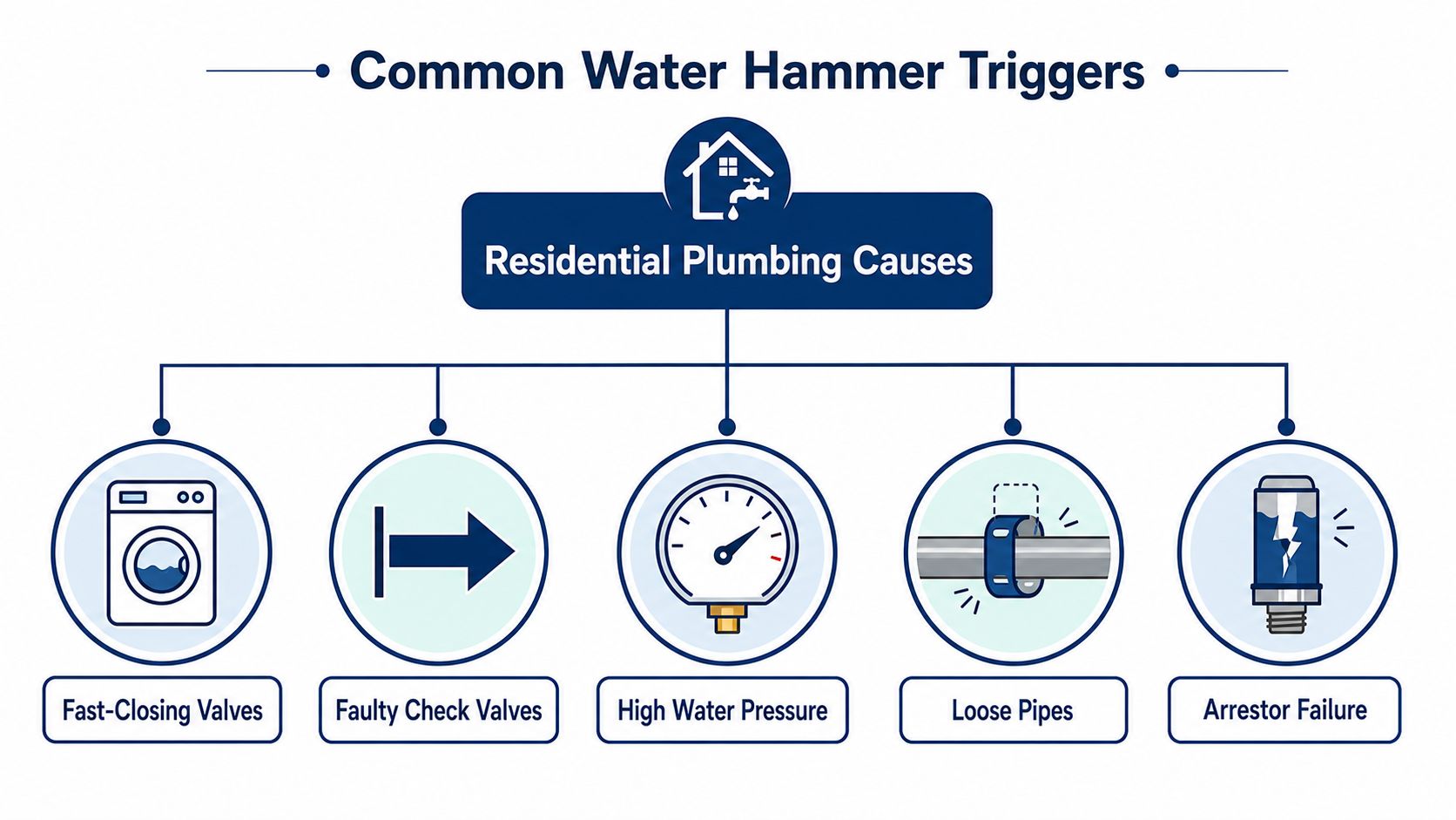 A diagram illustrating five common causes of water hammer in residential plumbing systems with icons and labels.