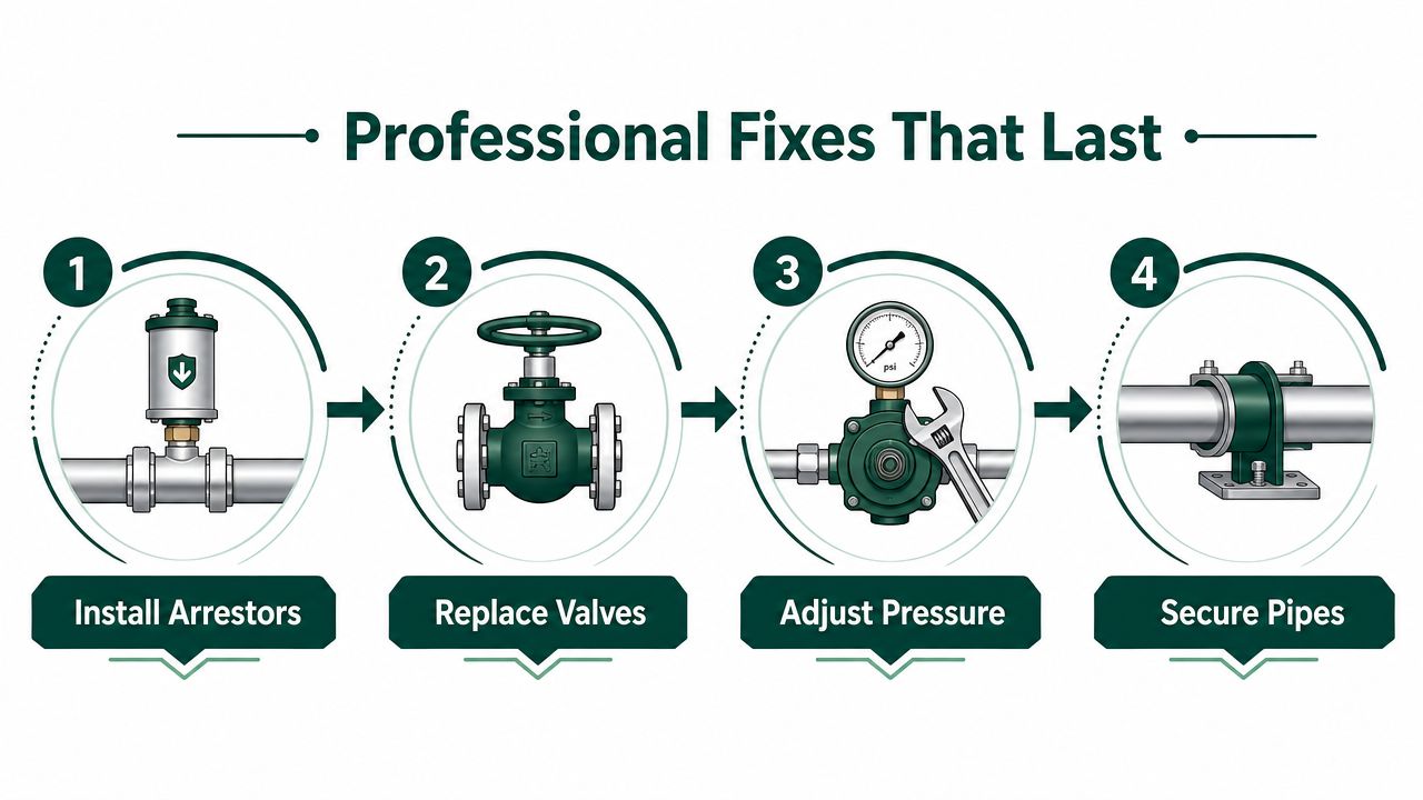 A four-step infographic illustrating professional plumbing repairs to prevent water hammer in pipes.