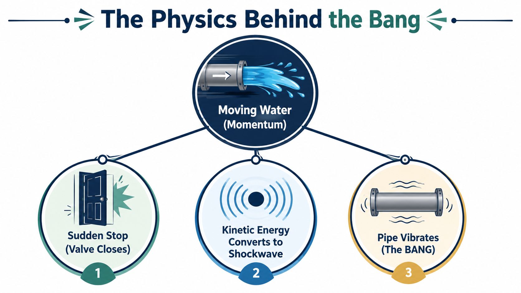 A diagram illustrating water hammer physics, showing how moving water, valve closure, and shockwaves cause pipe vibrations.