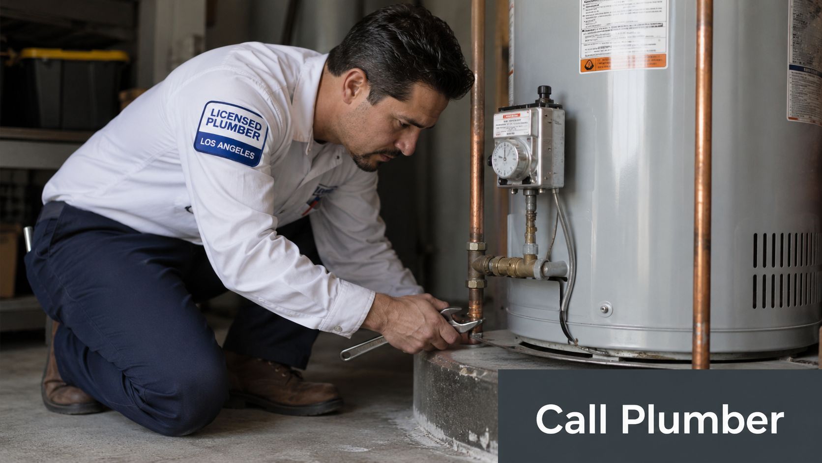 A professional licensed plumber in Los Angeles repairs a water heater in a residential basement setting.