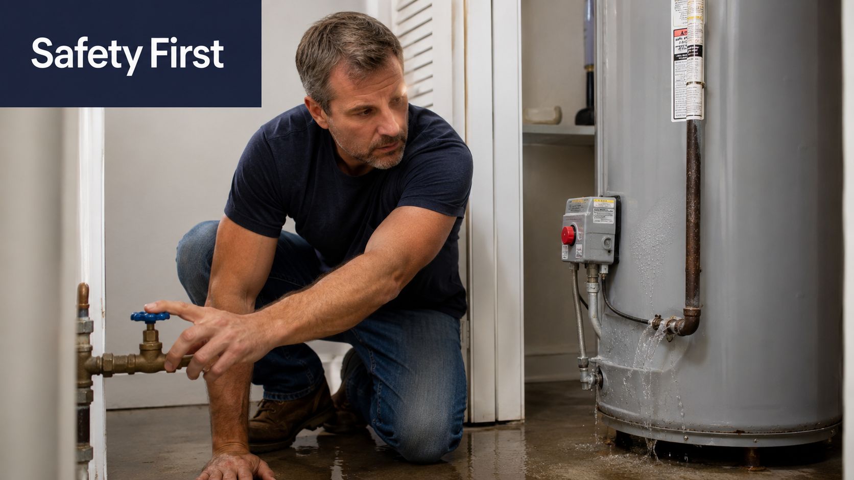 A repairman kneels to turn off the water supply valve while a residential water heater leaks below.