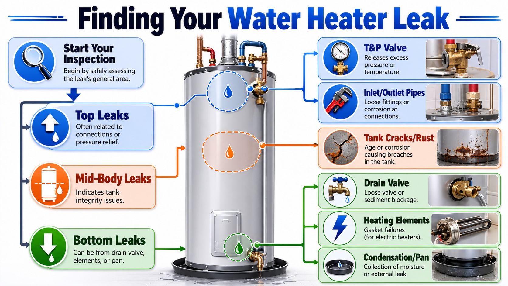 An infographic illustration showing common causes of water heater leaks, including top, middle, and bottom locations.