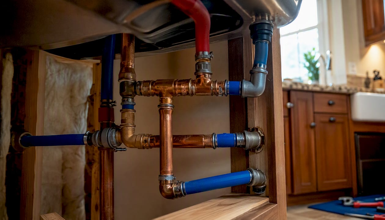 Close-up of copper and PEX pipes in wall cavity