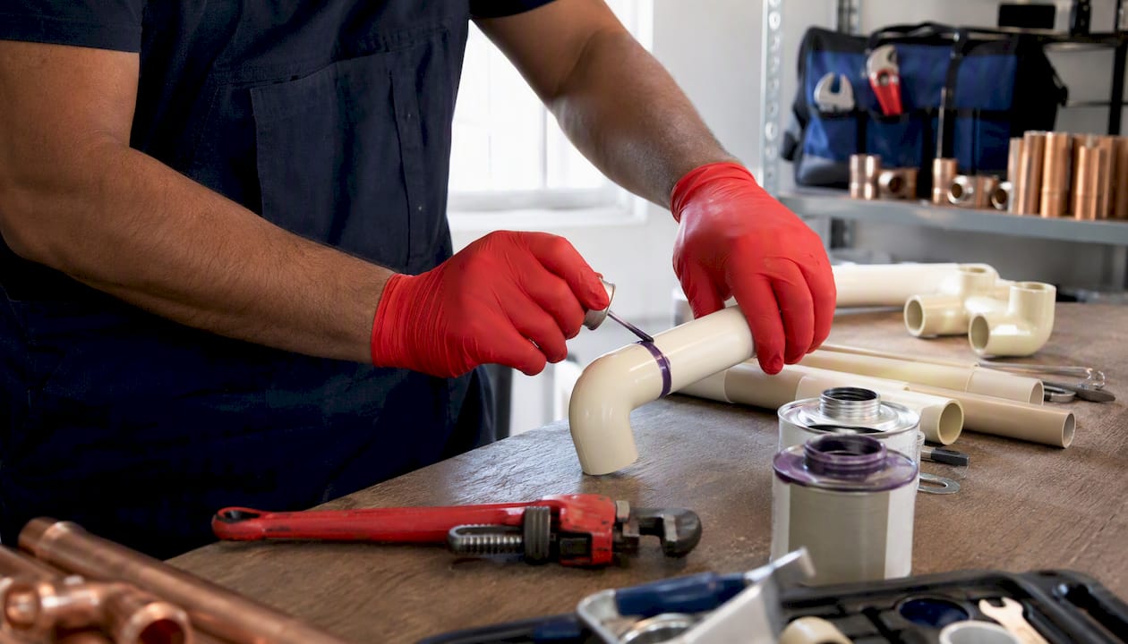 Hands solvent-welding CPVC pipes in plumbing closet