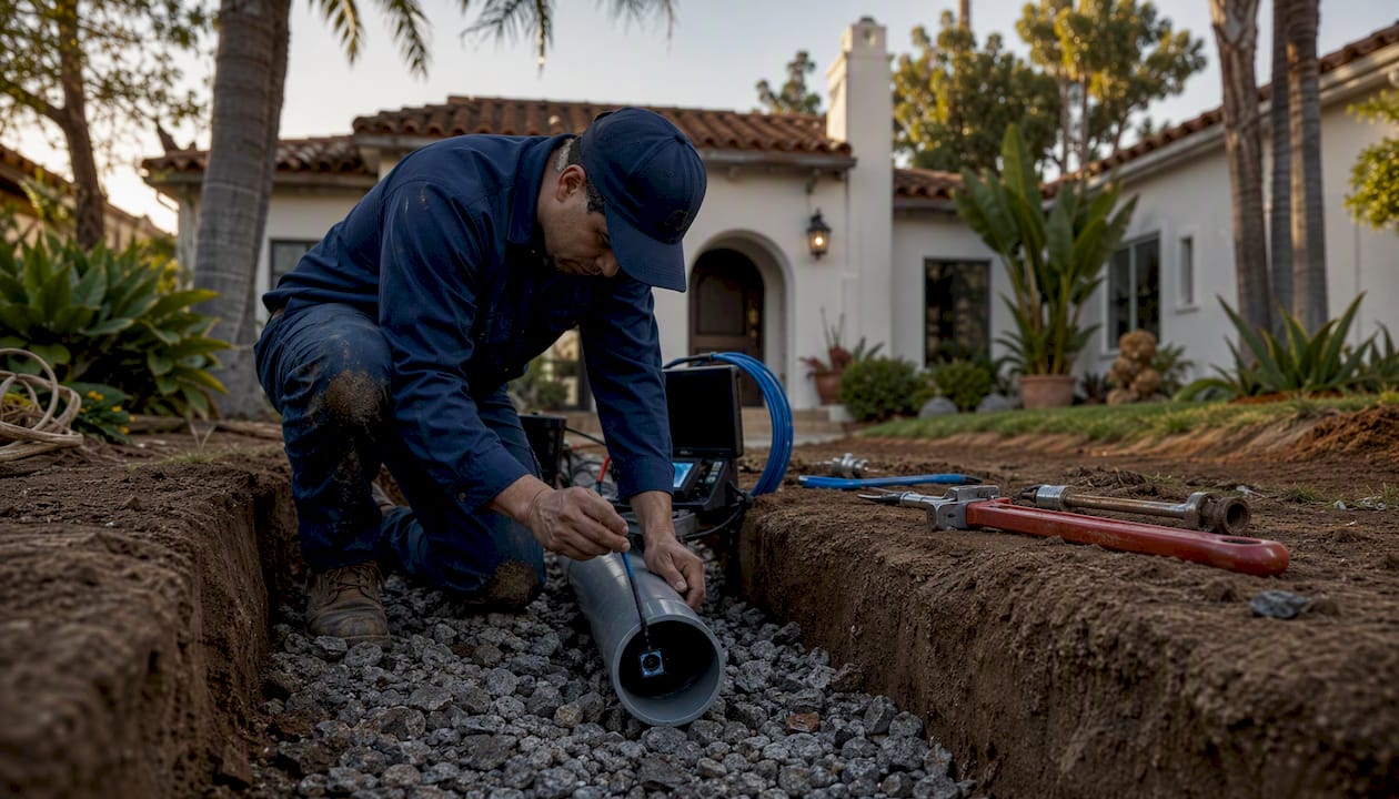 Technician inspecting underground storm drain pipe