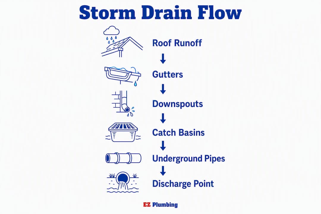 Infographic illustrating storm drain water flow stages