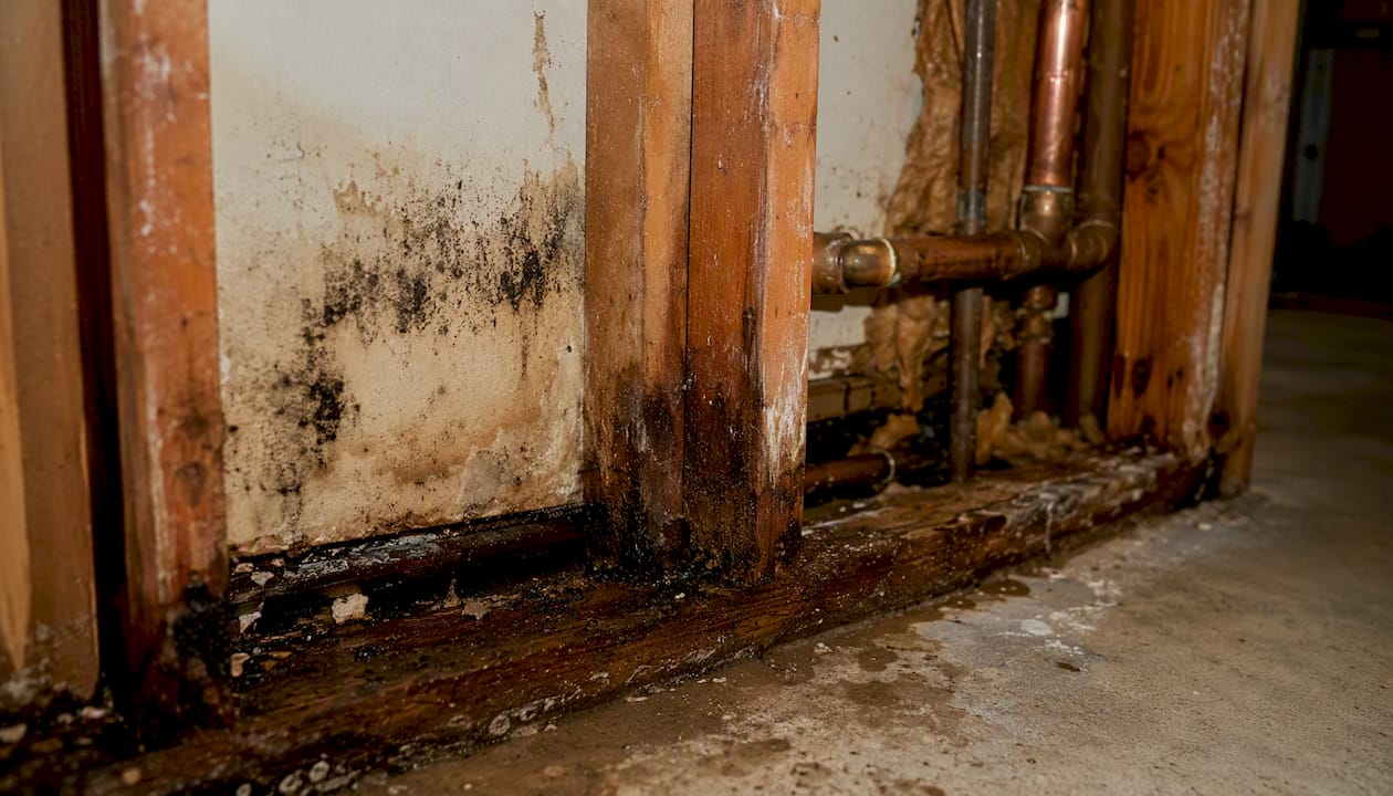 Water-damaged wall framing with mold