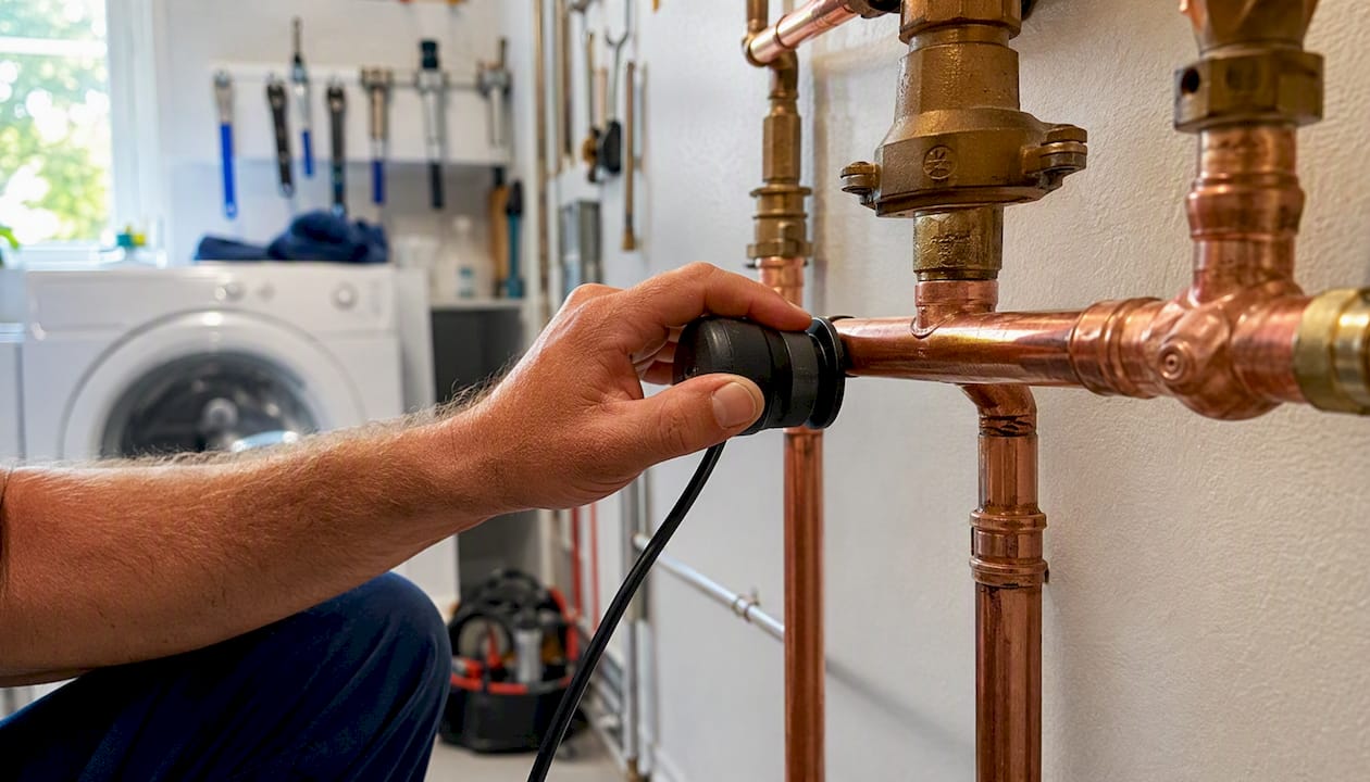 Plumber using acoustic leak detector on pipe