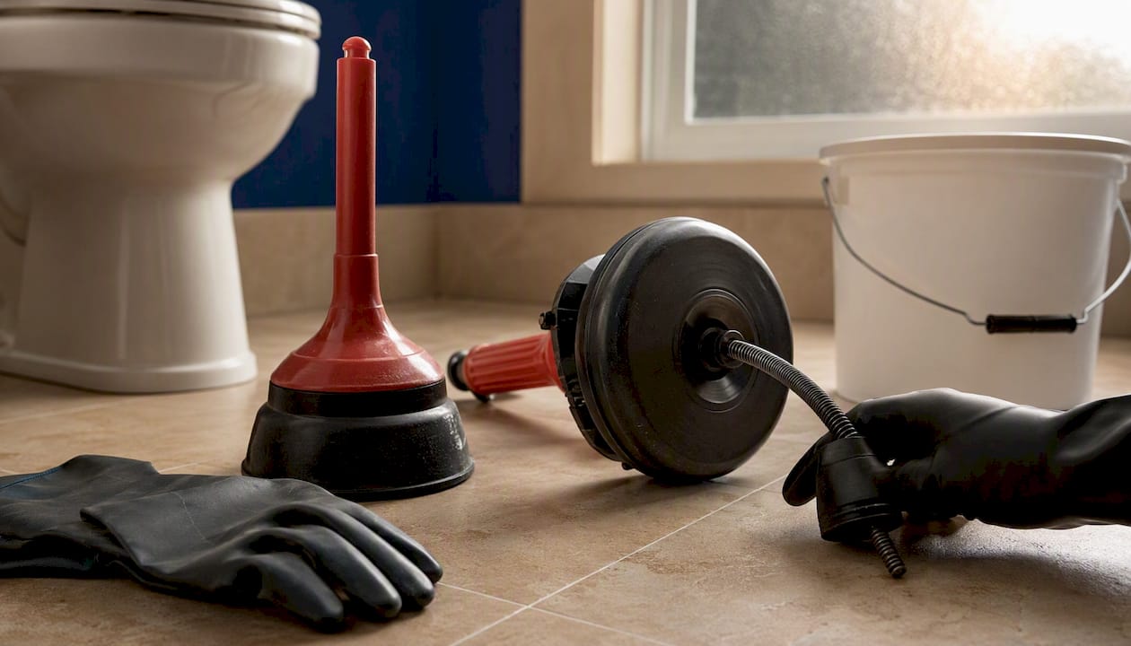 Toilet unclogging tools on bathroom floor