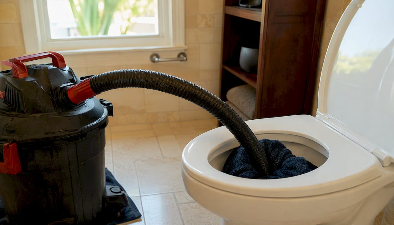 Wet/dry vacuum hose sealed to toilet drain