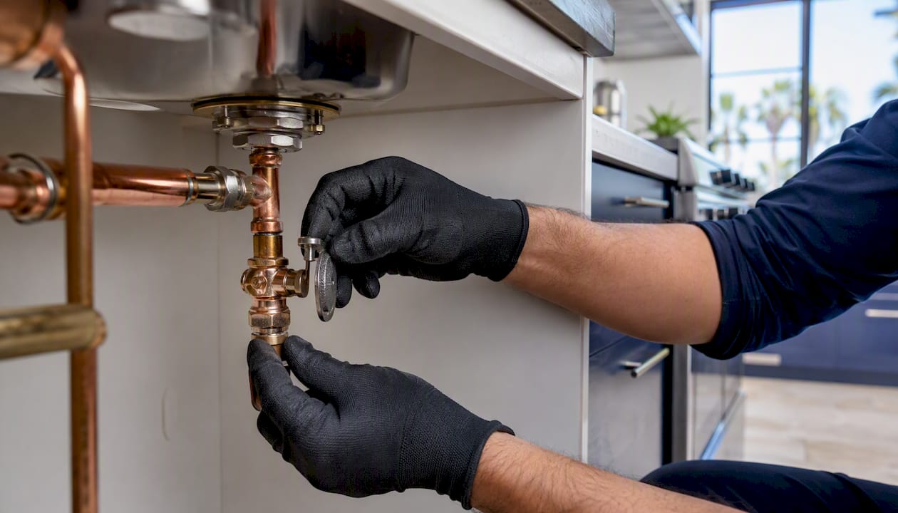 Plumber turning shutoff valve on copper pipe