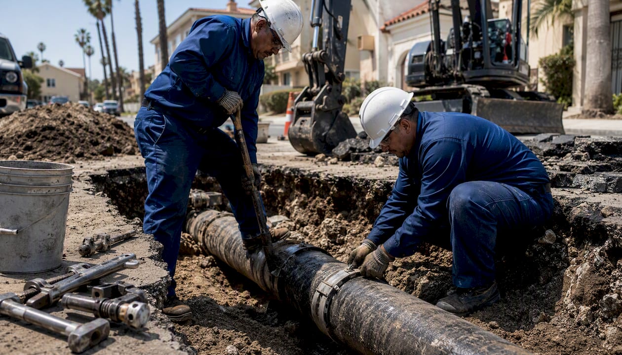 Technicians repairing water main in street excavation