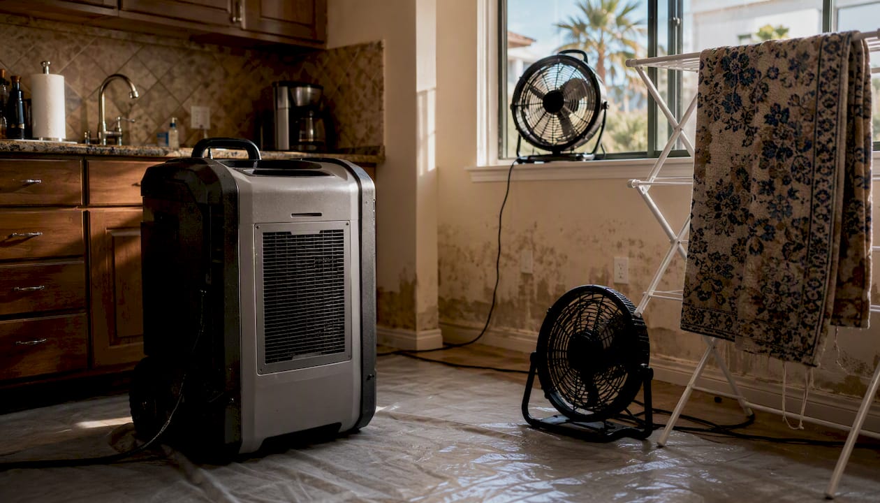 Fans and dehumidifier drying water-damaged room