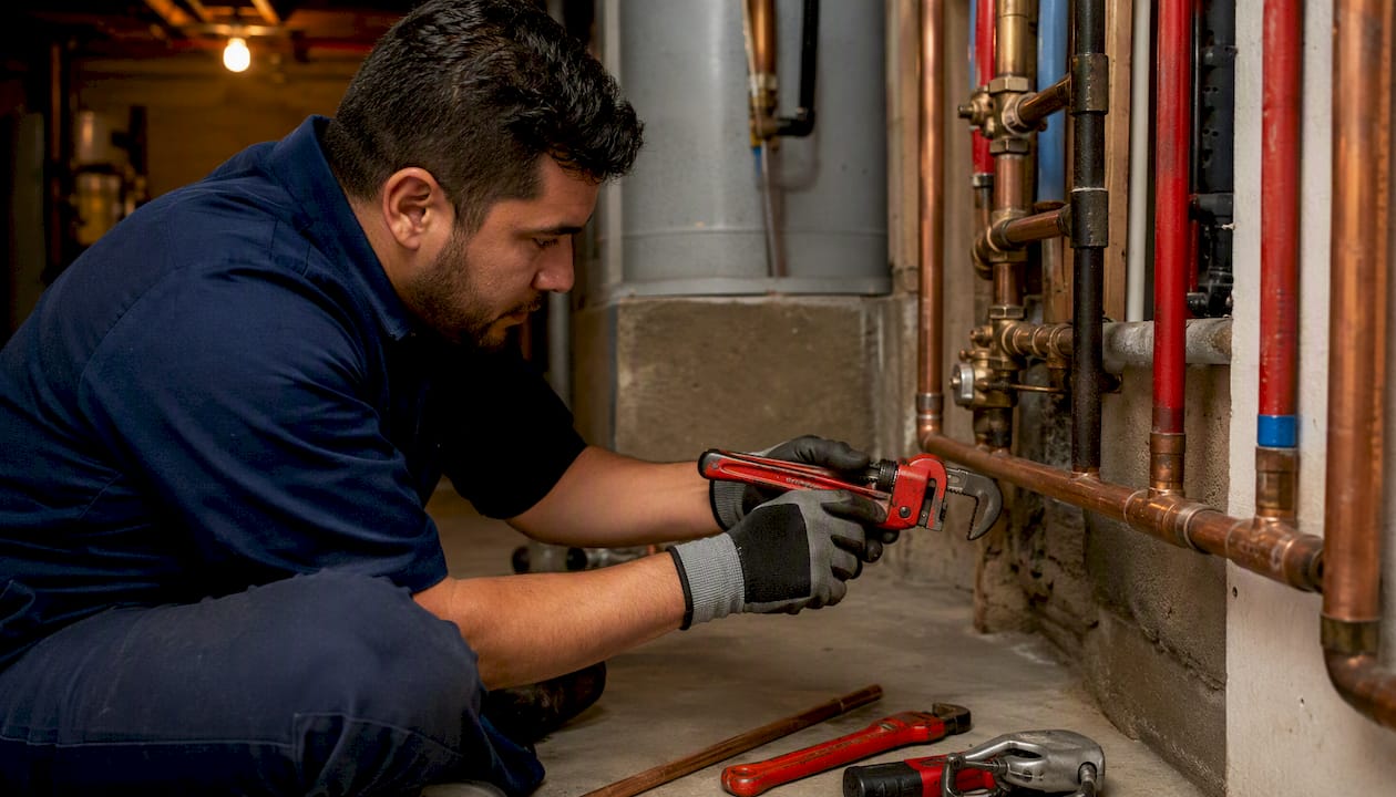 Plumber tightening copper pipe joint