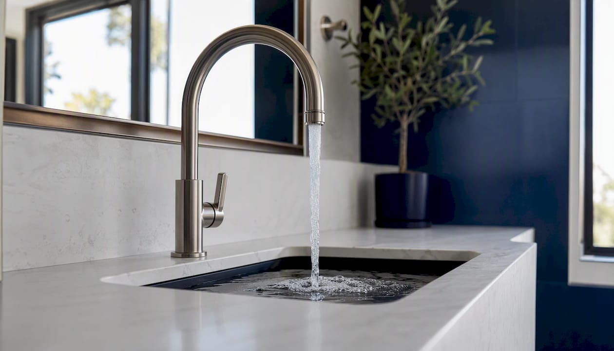 Gooseneck faucet pouring water into undermount sink