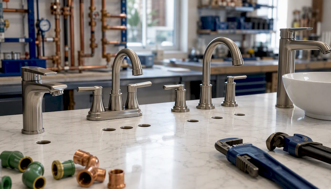Close-up of various bathroom faucet mounting styles