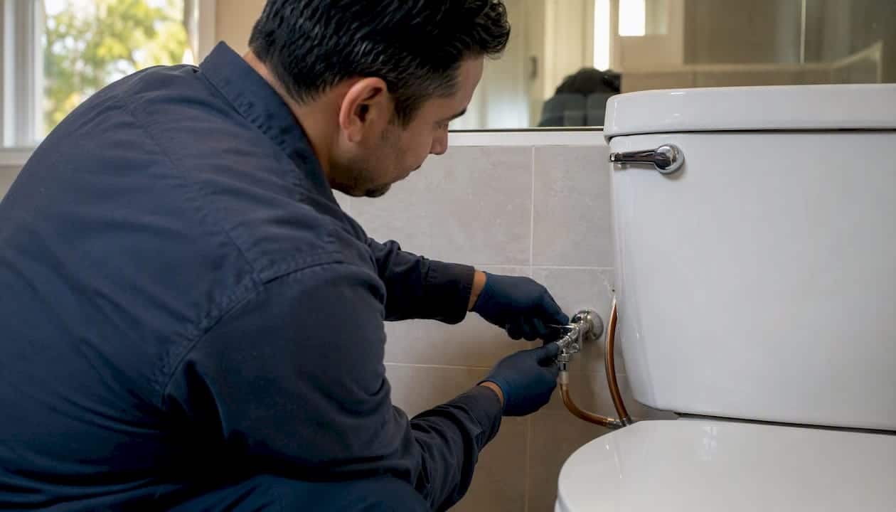 Hands turning toilet water shutoff valve