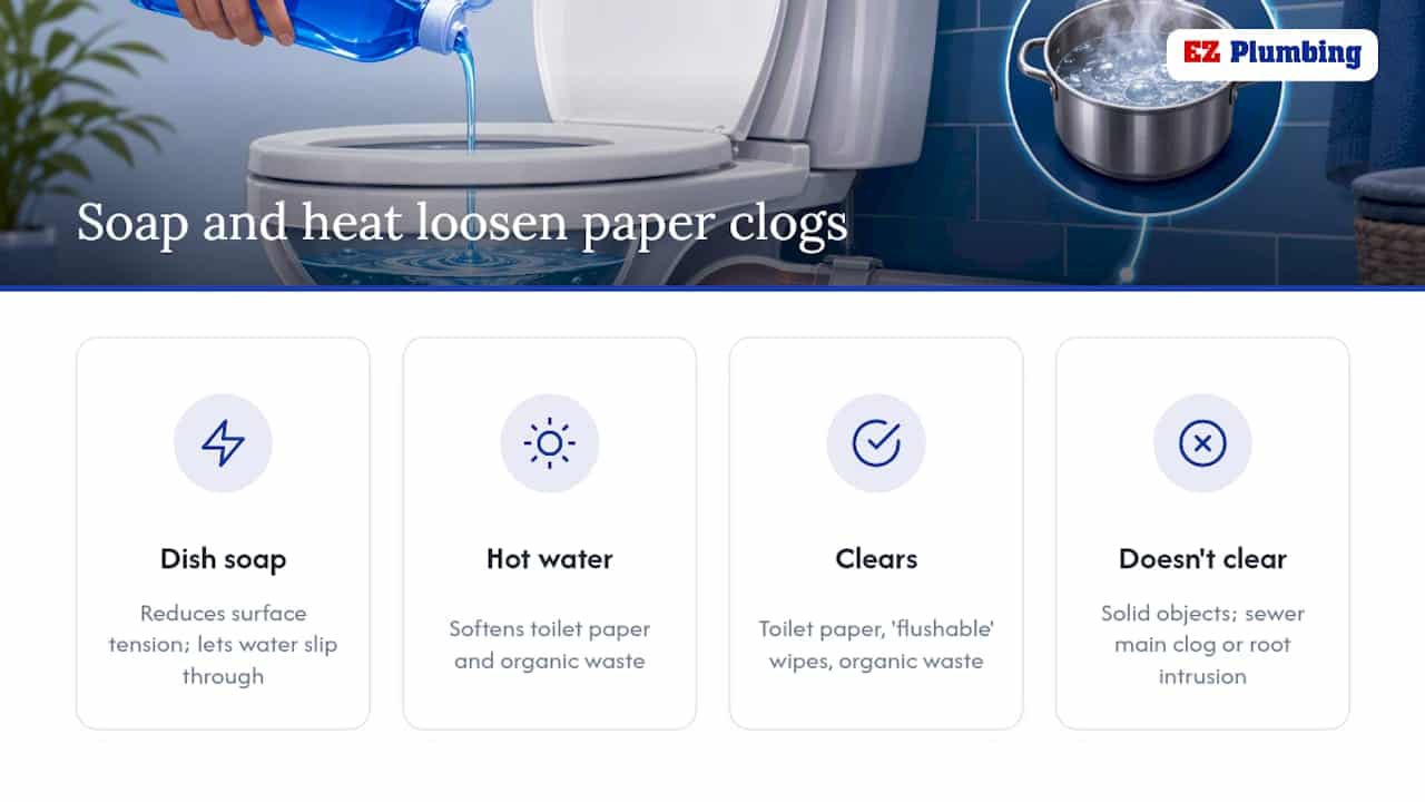 Diagram showing soap and hot water effect on toilet clogs