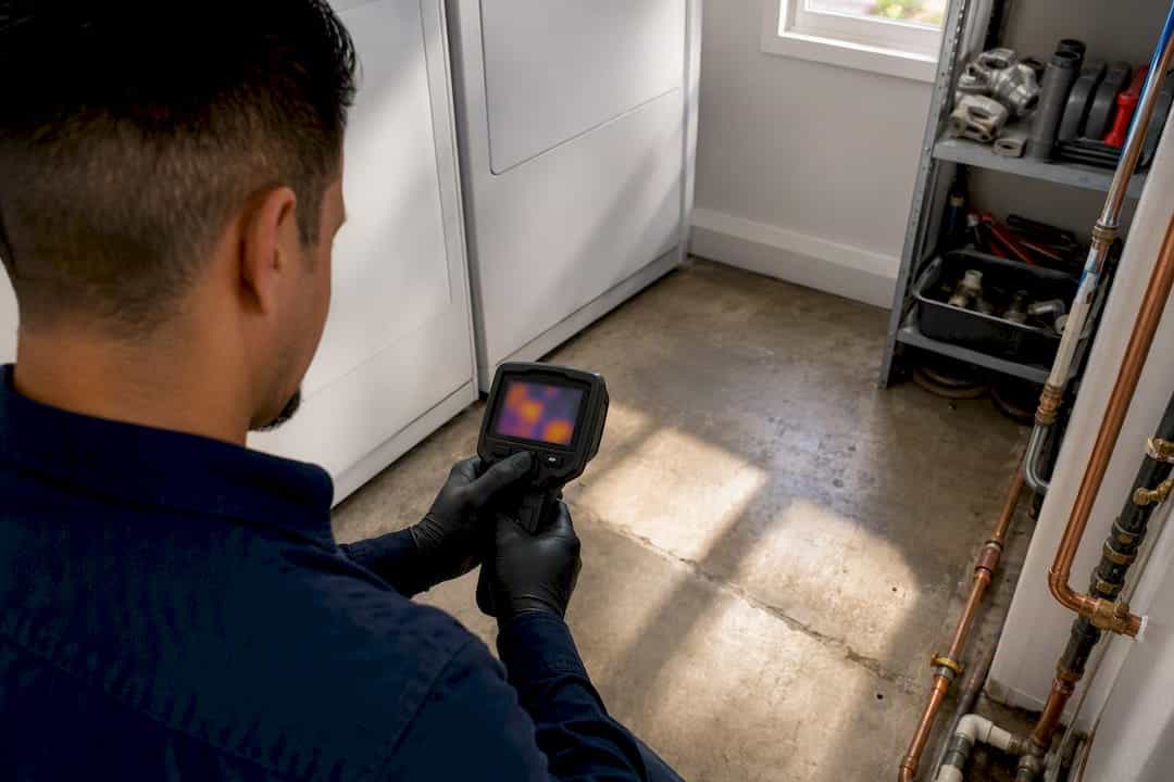 Thermal imaging camera pointed at slab floor