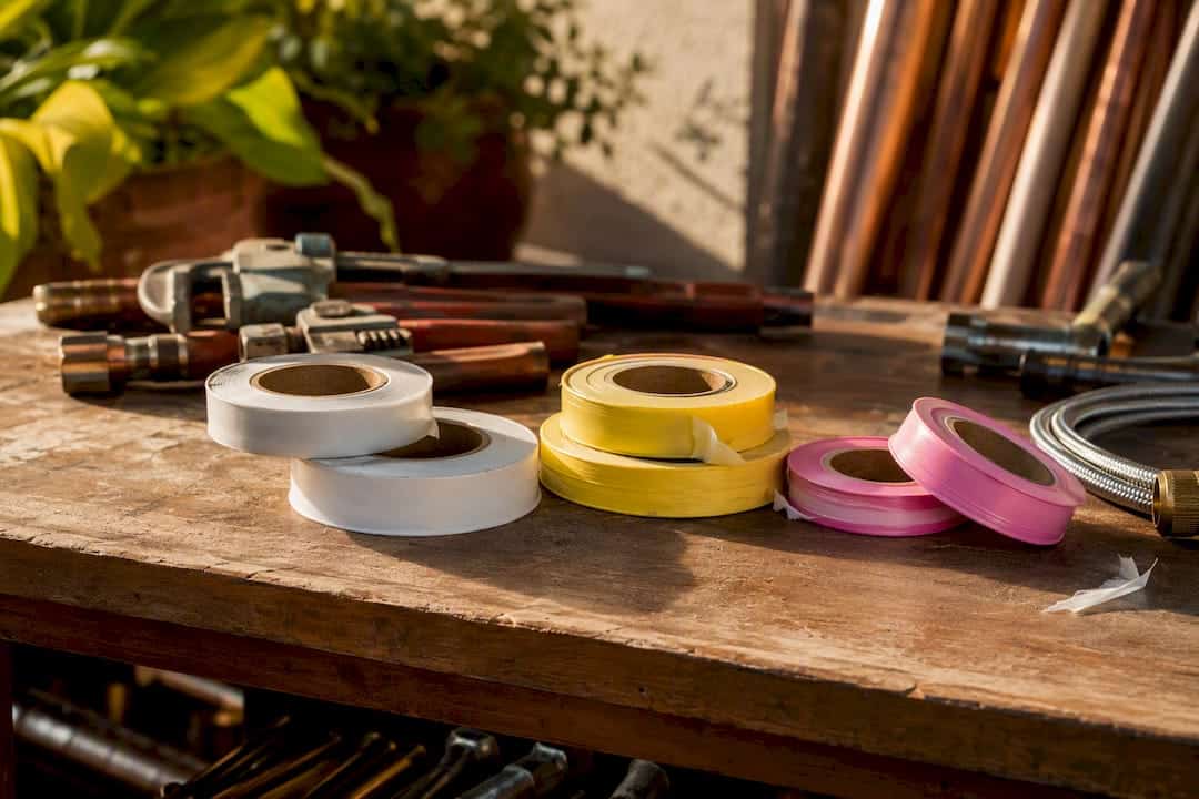 Various colors of plumbing tape rolls