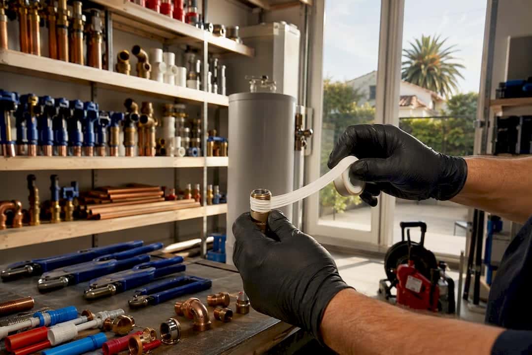 Plumber applying tape with tension clockwise