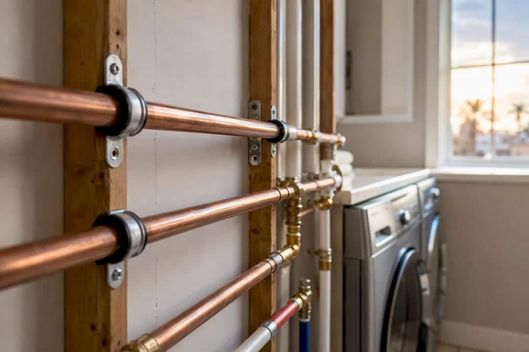 Padded pipe straps fastening copper pipes