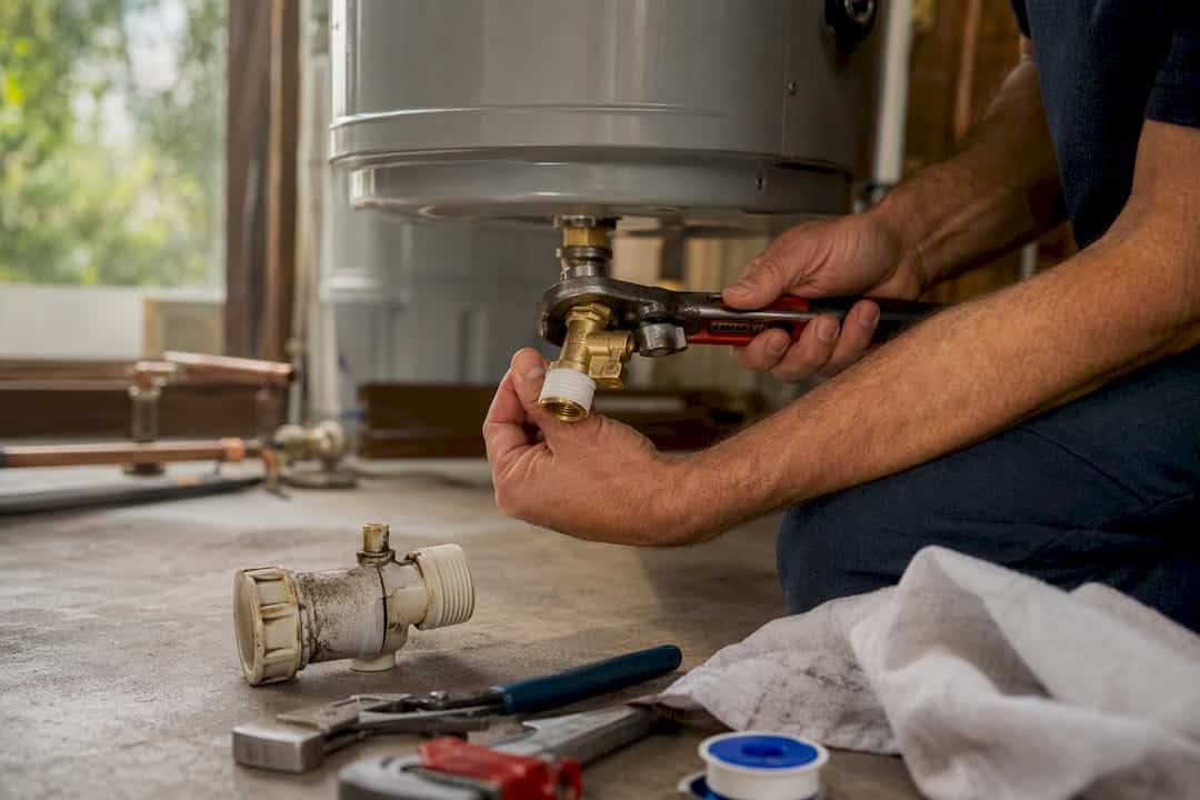 Plumber installing brass drain valve on heater