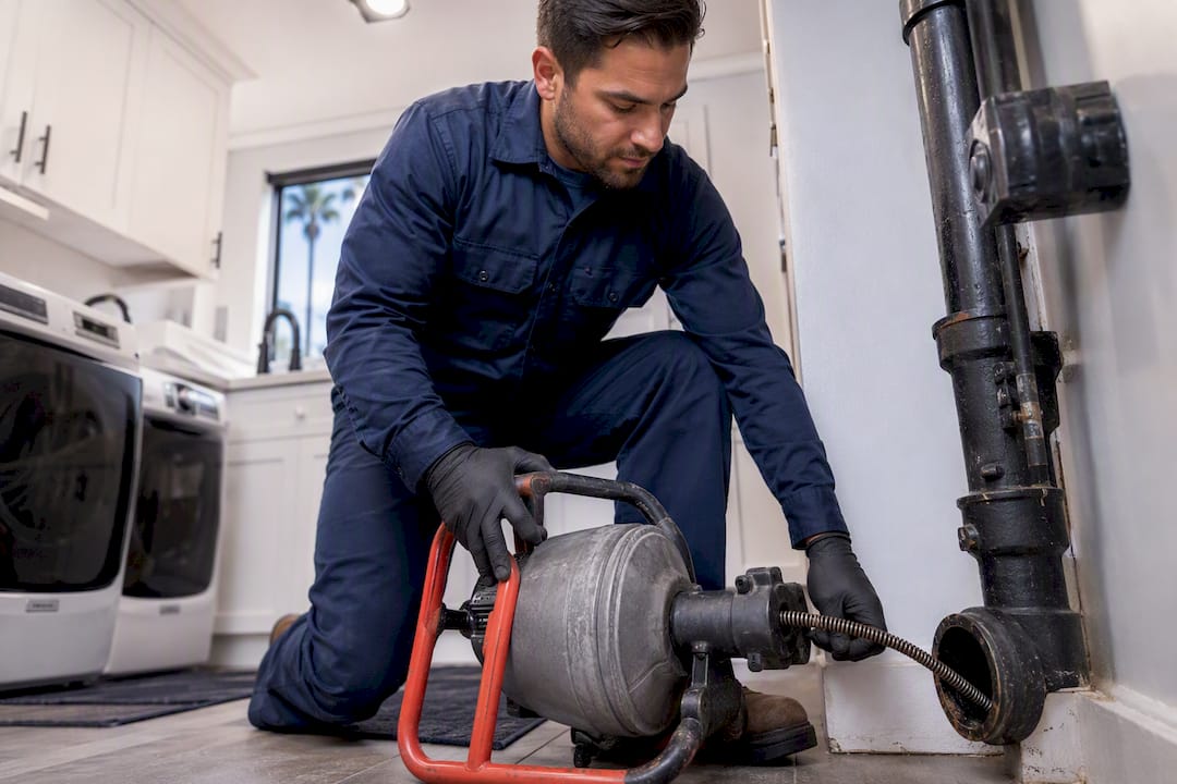 Plumber using mechanical drain cleaning tool on cast iron pipe