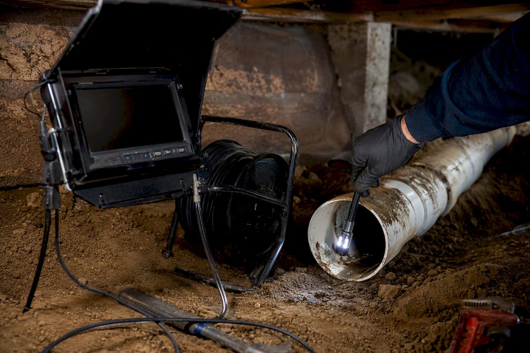 Sewer camera probe entering cast iron pipe in crawlspace
