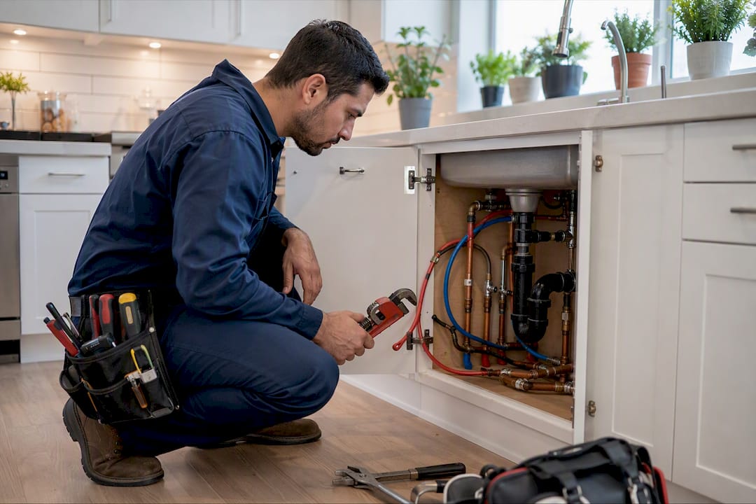 Plumber inspecting drain pipe with wrench