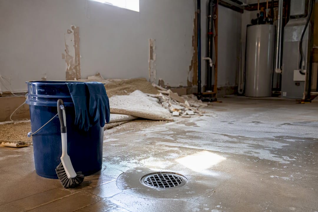 Disinfectant cleaning tools near floor drain cleanup